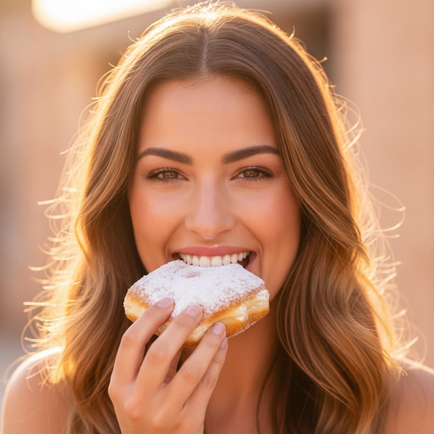 A guest joyfully biting into a fresh powdered-sugar beignet