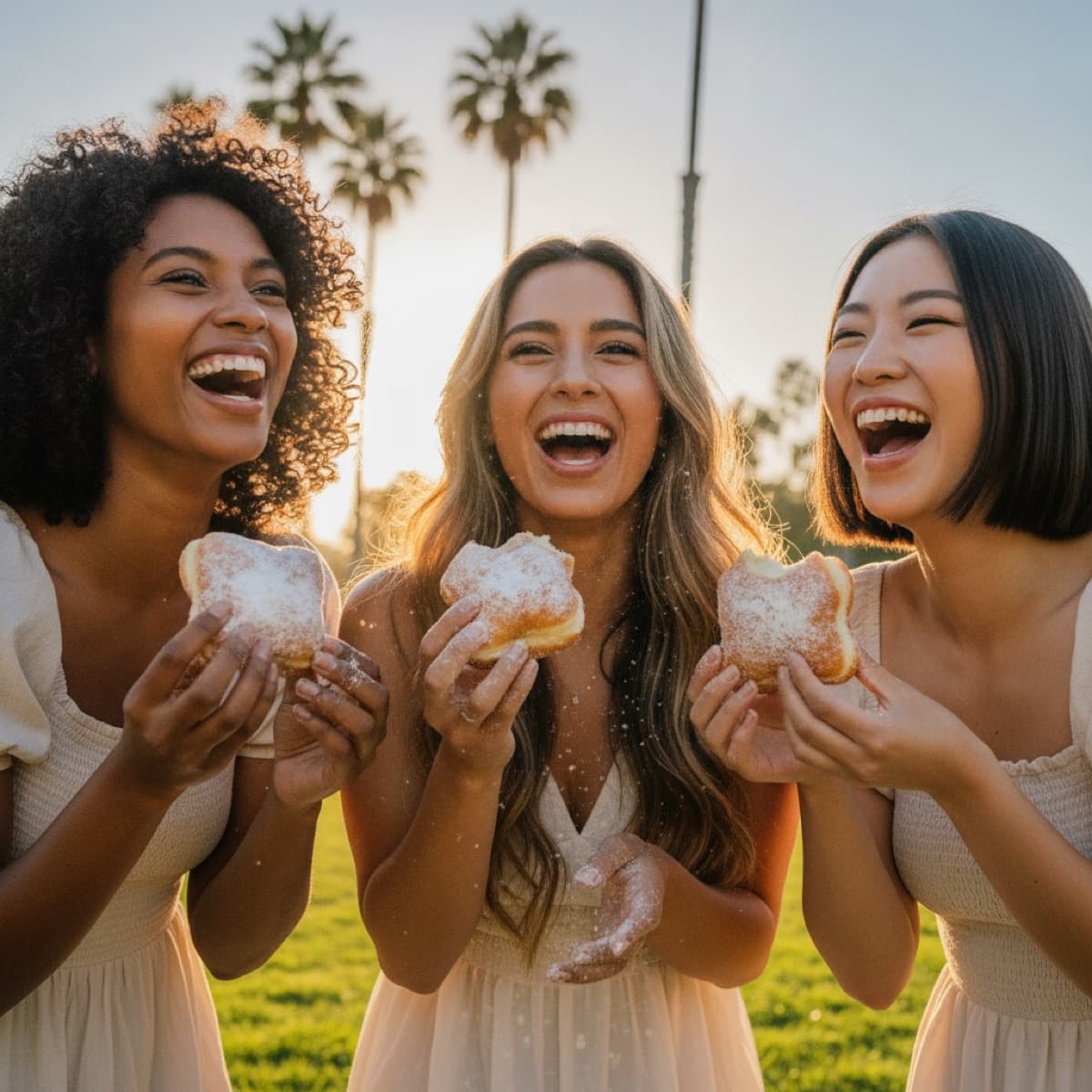 Three friends laughing with beignets in a sunny park