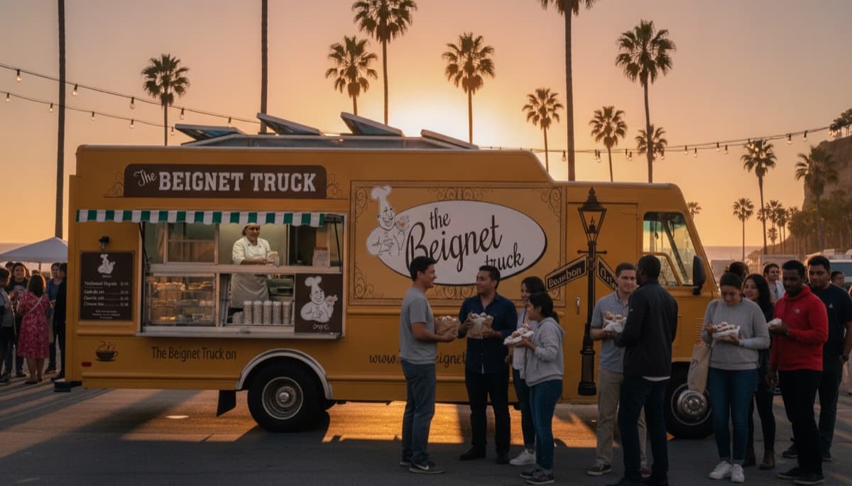 The Beignet Truck serving a crowd at a golden-hour event