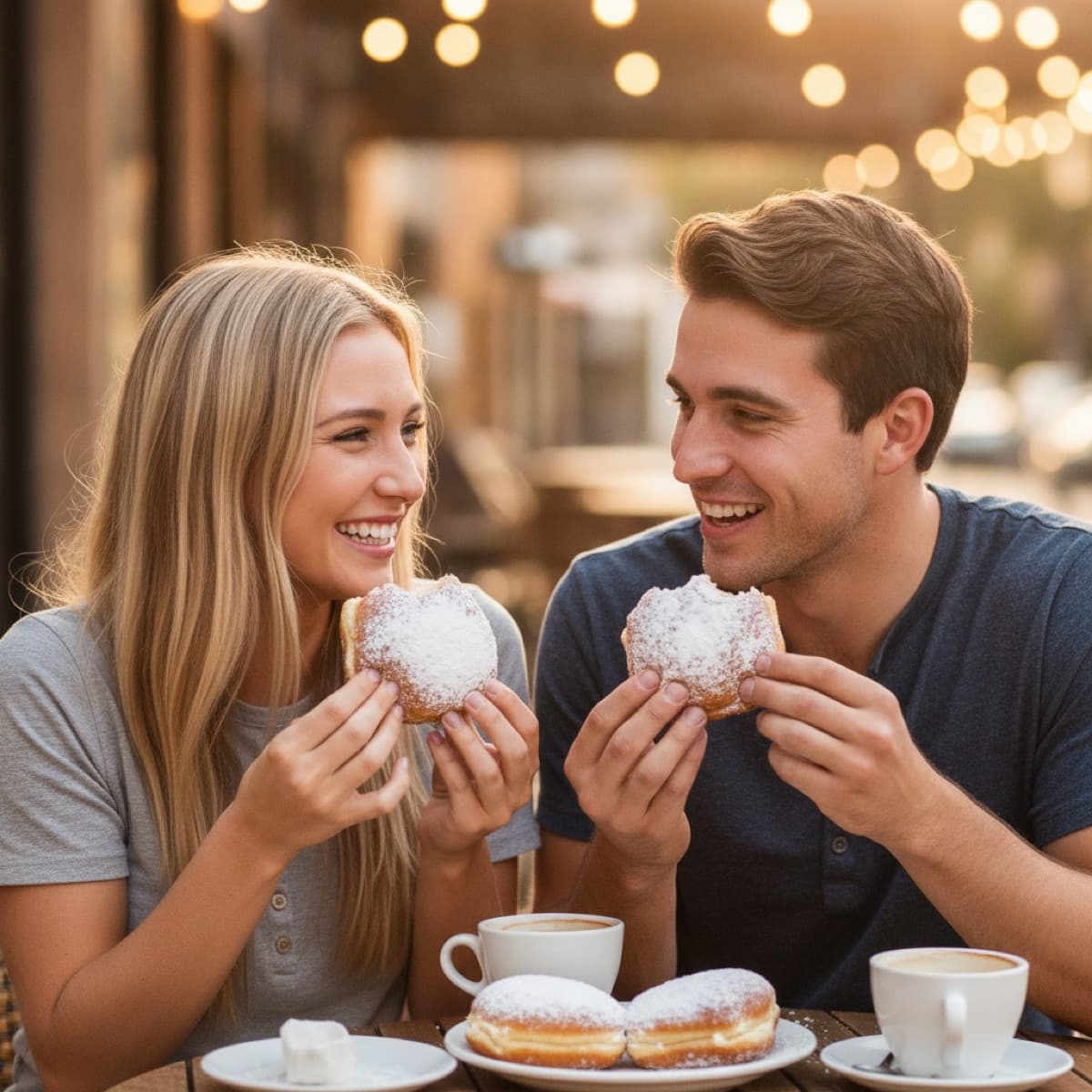 Two friends enjoying beignets together on a cafe patio
