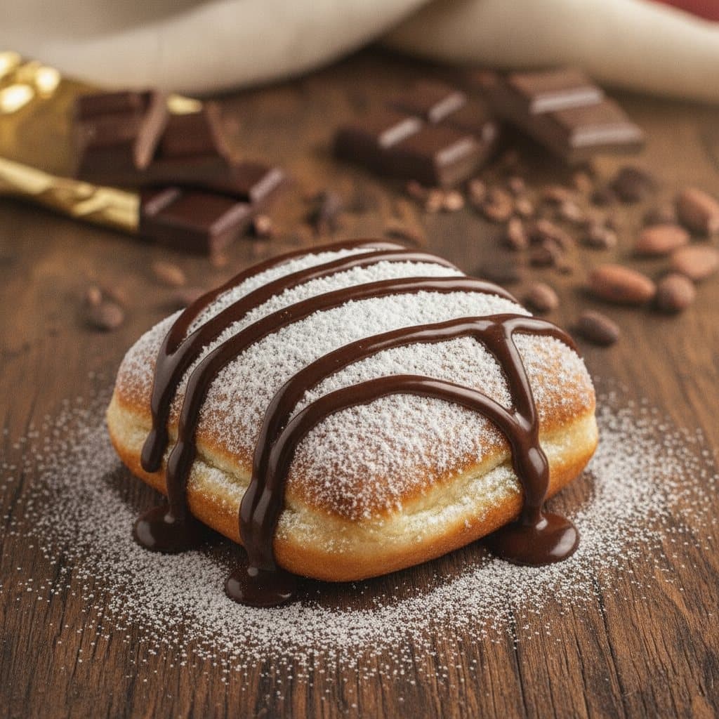 A powdered-sugar beignet with dark chocolate drizzle
