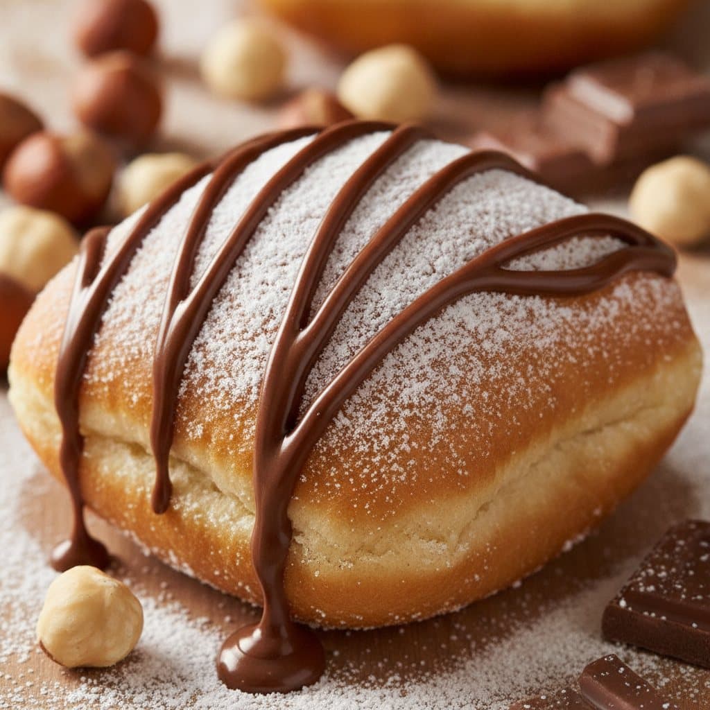A powdered-sugar beignet with nutella drizzle