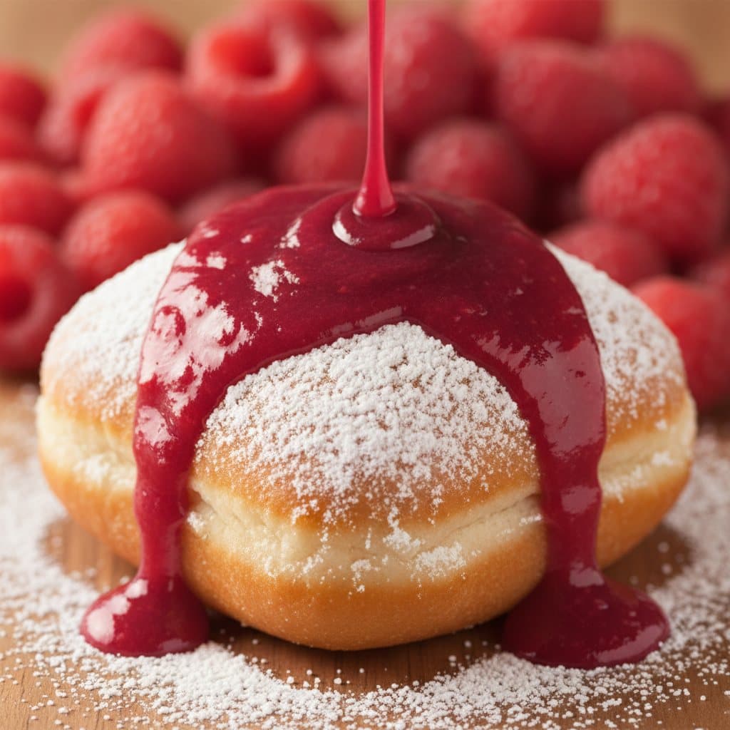 A powdered-sugar beignet with raspberry drizzle