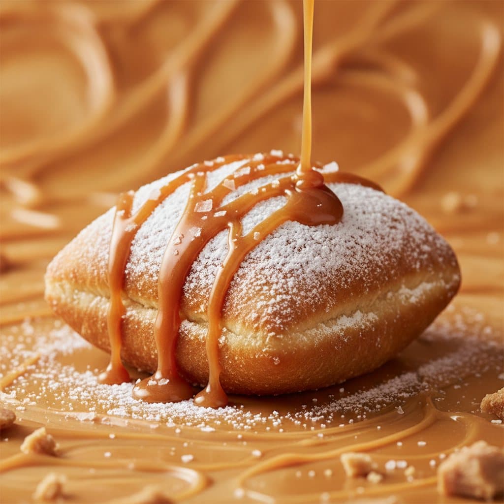 A powdered-sugar beignet with salted caramel drizzle