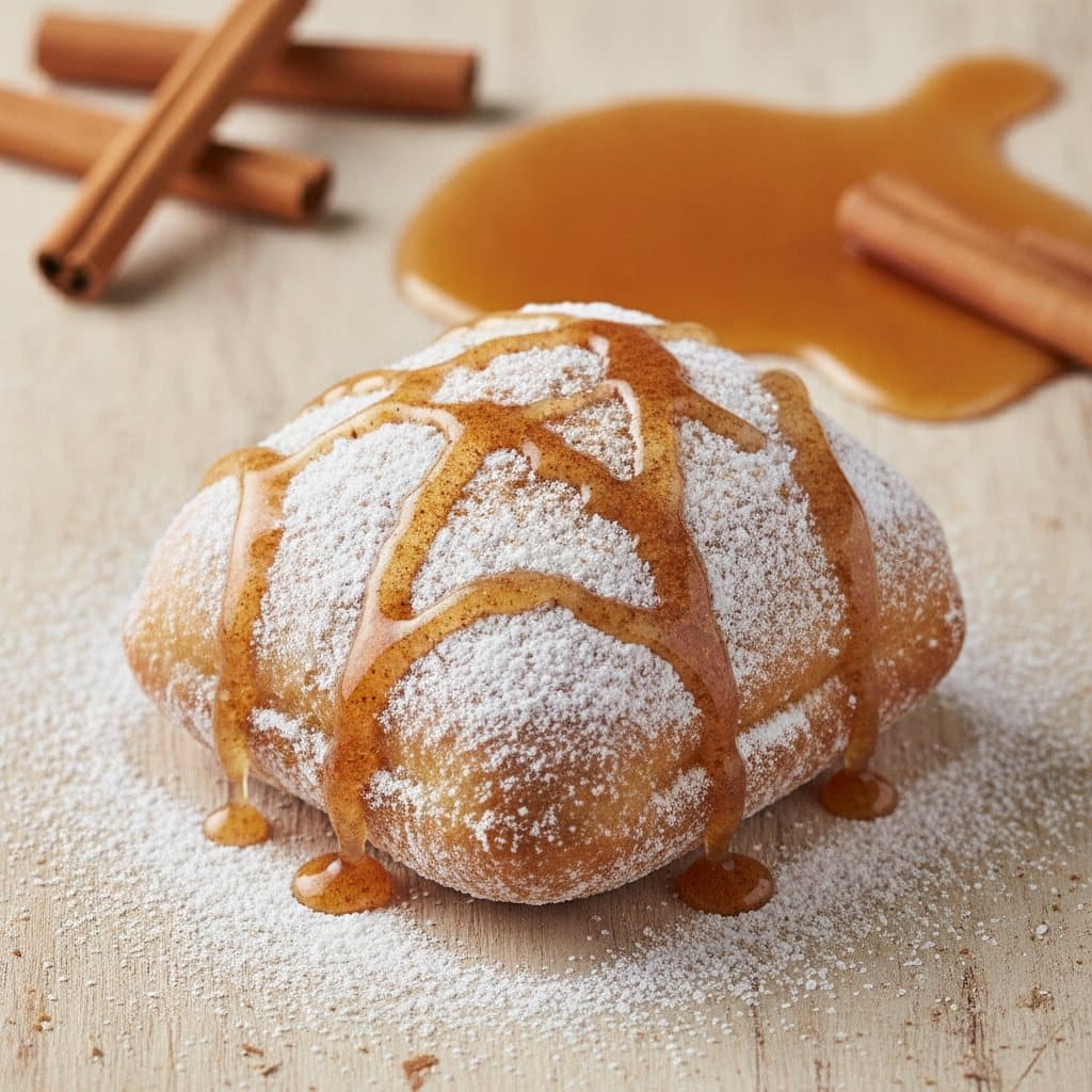 A powdered-sugar beignet with spiced maple drizzle
