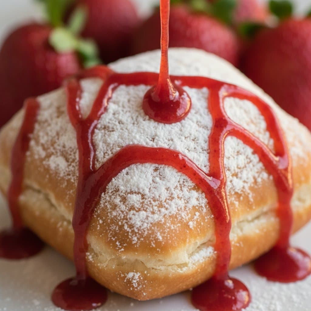 A powdered-sugar beignet with strawberry drizzle