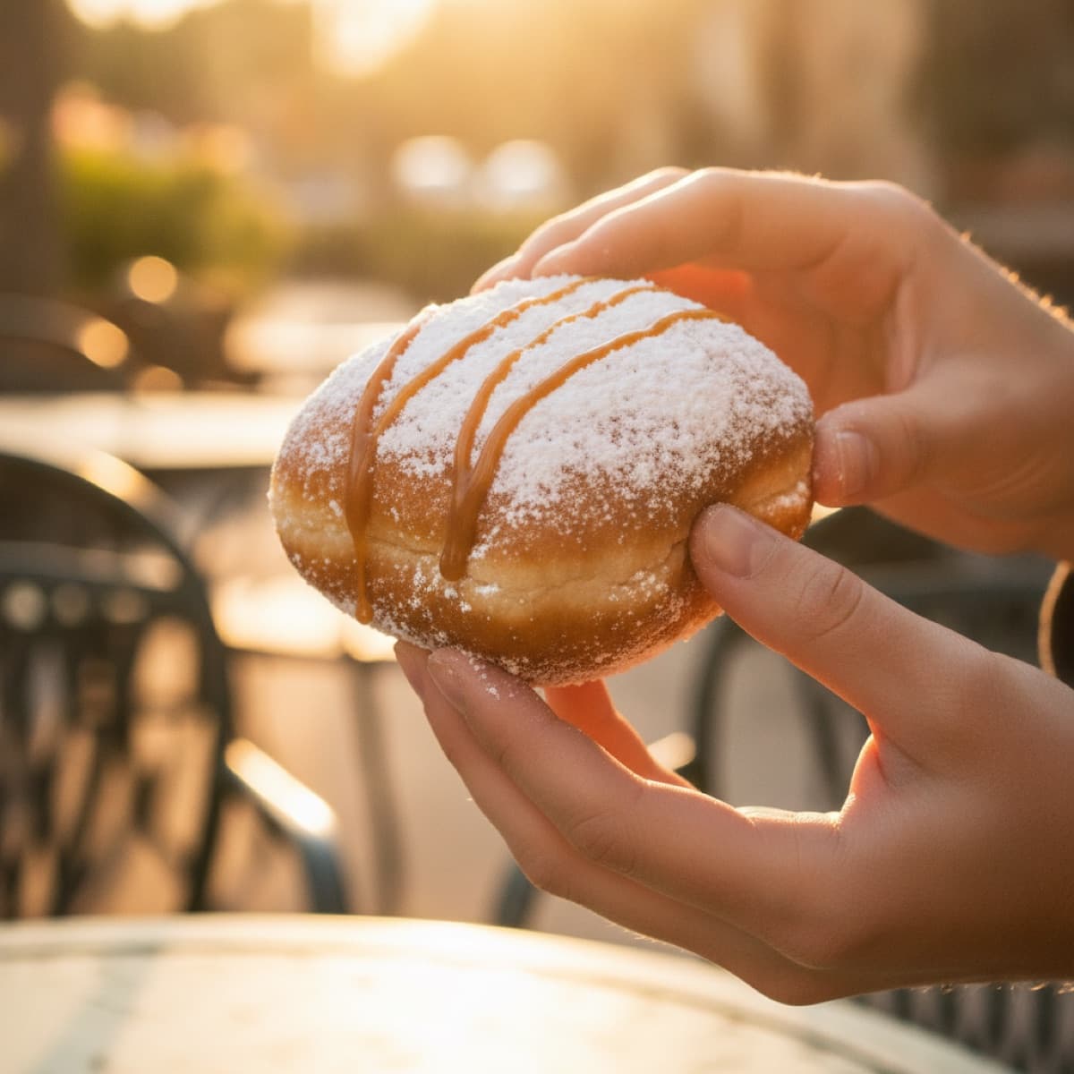 A caramel-drizzled beignet held in two hands at a golden-hour reception