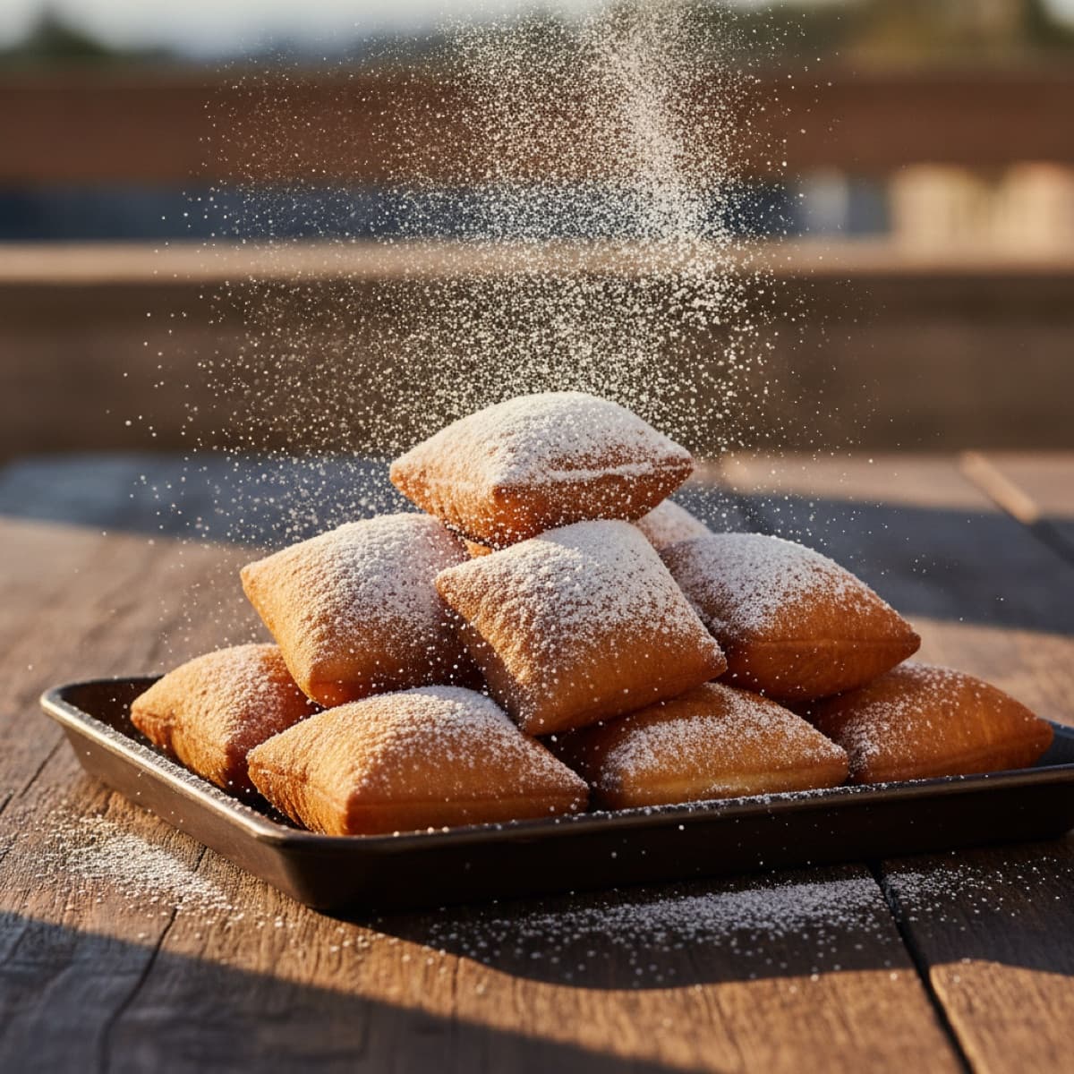 A tray of fresh beignets dusted with powdered sugar, catered at an event