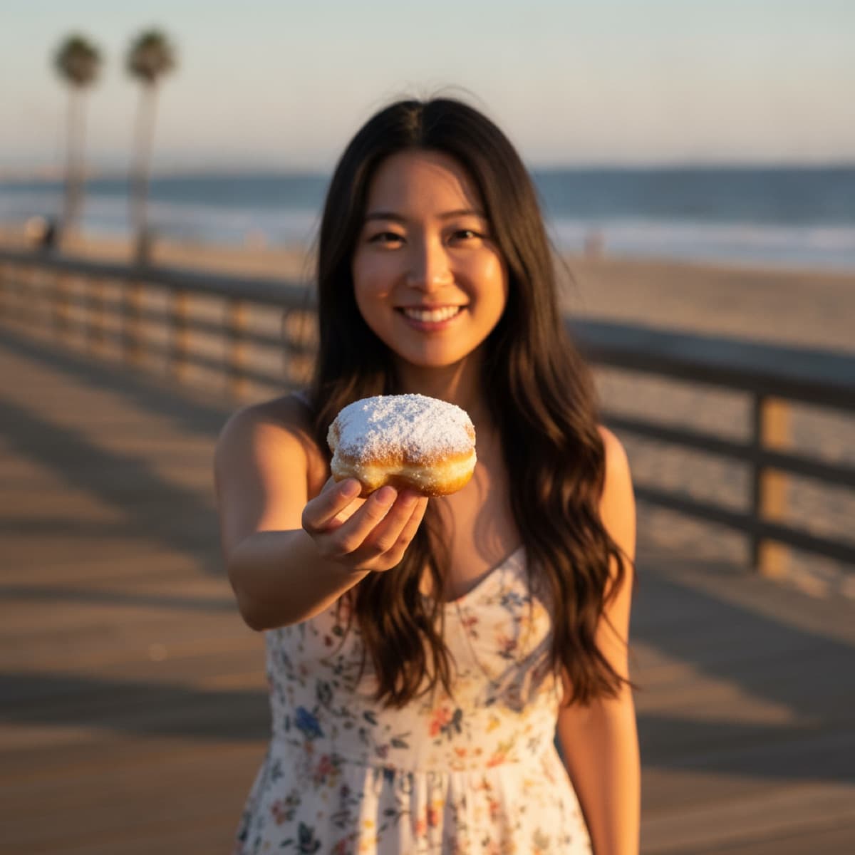 A beignet held up on a Southern California beach boardwalk at golden hour
