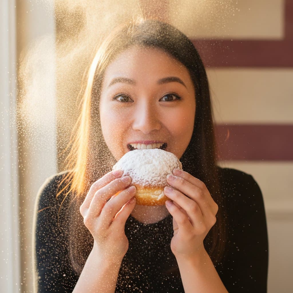 A guest smiling as she bites a powdered-sugar beignet and a cloud of sugar poofs into the air