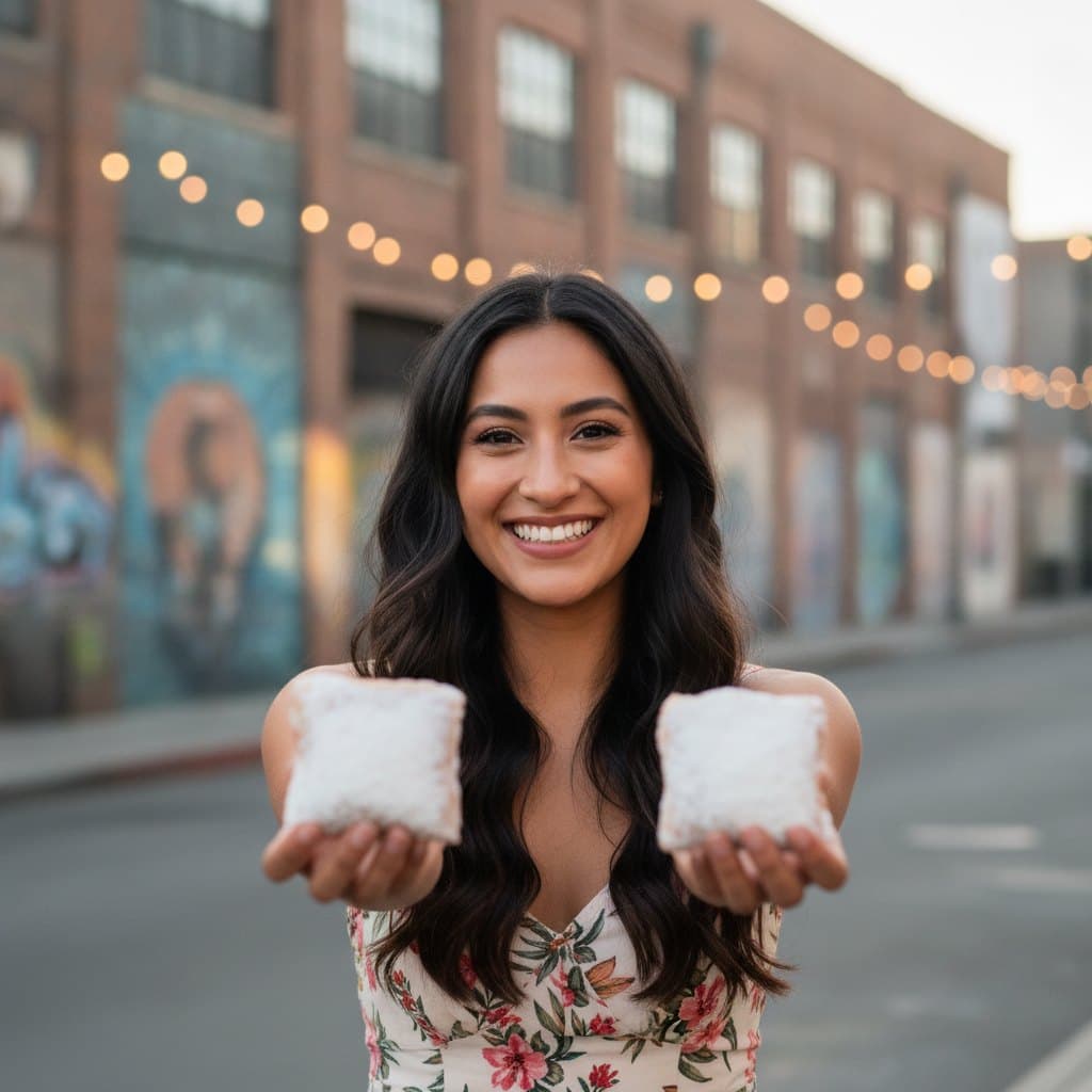 A guest smiling with a beignet in each hand under string lights at an evening celebration